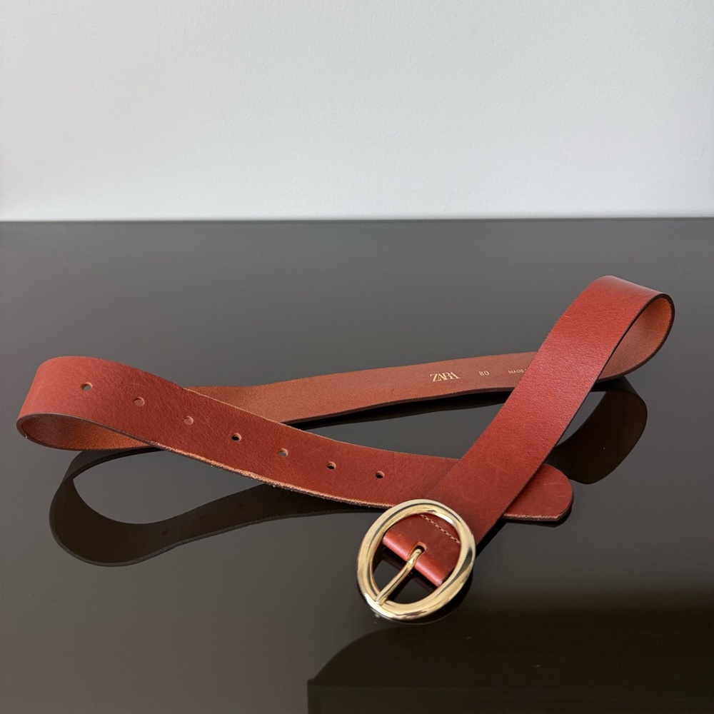 Zara Brown Leather Belt with Gold Buckle